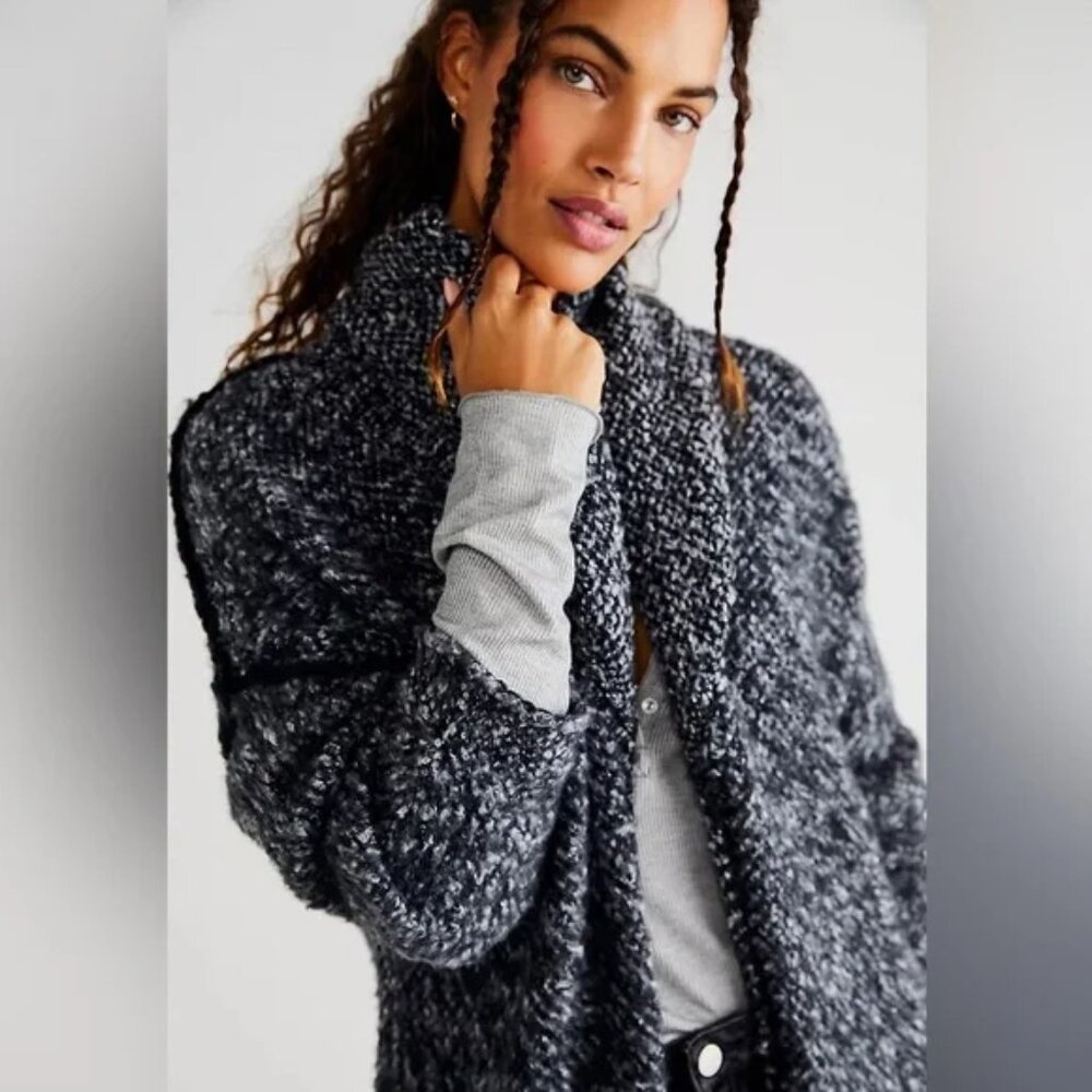 Free People Moon Beam Cardi Solid Black, Long Duster Brushed Wool Blend S